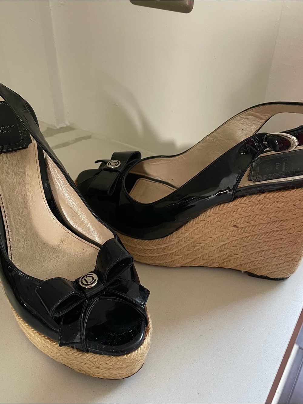 Dior Black Patent Leather Bow Wedge Espadrille - Picture 3 of 7